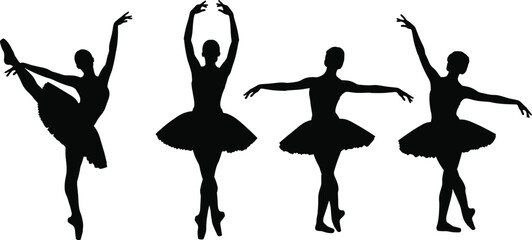 Ballet dancer silhouette, ballerina performing classical dance poses, graceful movement, artistic performance, elegant tutu, stage art, choreography expression, dance illustration