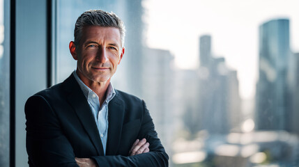 Confident executive business leader senior manager portrait office window city skyline natural light suit folded arms convey calm focus and authority in modern workplace setting