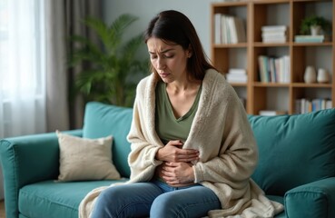 Obraz premium Woman experiencing stomach ache and cramps, clutching her abdomen on couch. She may be suffering from constipation, menstruation, or IBS. Scene in living room suggests personal health struggle.
