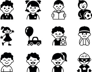 Happy diverse children's icons; black and white, playful style.