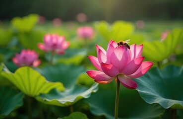 Obraz premium Close-up of vibrant pink lotus flower with bee collecting nectar. Surrounded by rich green lotus leaves in tranquil pond setting. Summer bloom evokes peace, natural beauty. Soft light illuminates