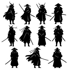 Group Of Ninja Silhouettes With Swords In Varied Stances For Martial Arts And Action Themes