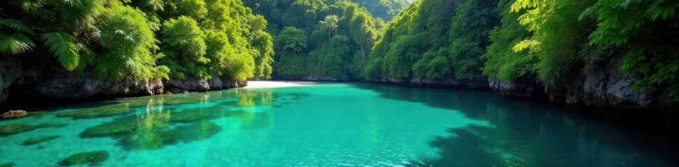 Fototapeta premium Lush jungle, secluded cove, crystal clear water, tropical, escape