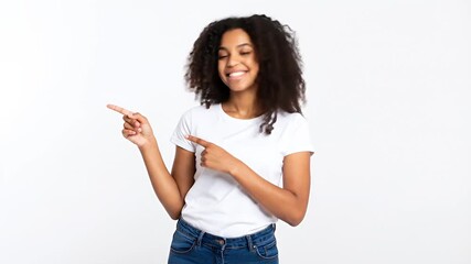 Woman pointing direction white background