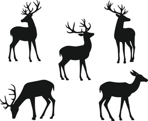 Deer silhouettes, antlered deer, wildlife icons, animal poses, grazing deer, walking deer, black silhouettes, nature illustration, forest animal, stag