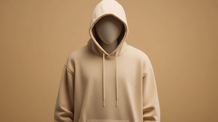 Beige mannequin wears modern hooded sweatshirt, minimal style, neutral background, calm mood