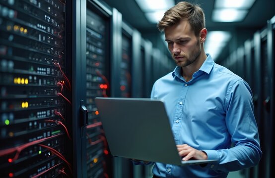 Young Caucasian male technician in blue shirt works on laptop in high-tech server room. Rows of networking equipment, cables surround, indicating focus on data, computing, system infrastructure.