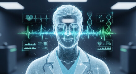 Futuristic doctor hologram displaying vital signs and DNA helix, representing advanced medical technology and data analysis.