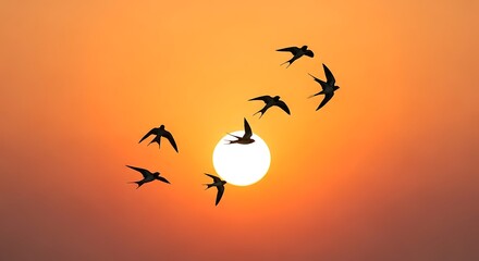 Fototapeta premium Silhouette of birds in flight at sunset.