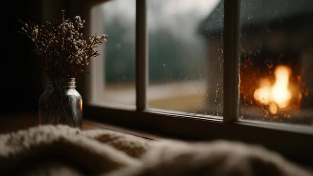 Cozy indoor scene with warm ambiance and rainy weather outside by the window