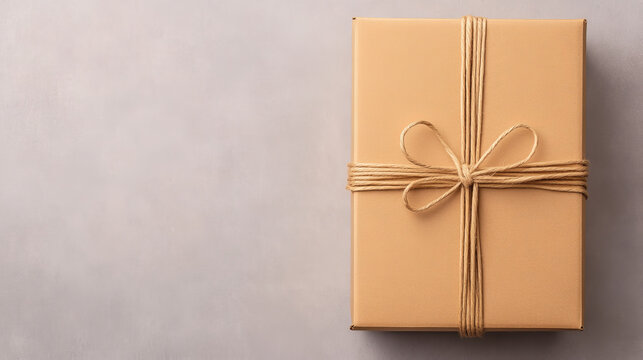 Gift box wrapped in brown paper with twine bow, minimal style, top view, soft light