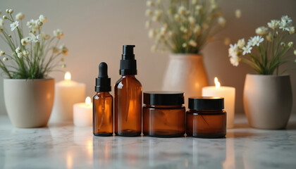Amber glass skincare bottles with black caps, serum dropper bottle, face cream jars. Natural beauty collection with botanicals, soft candlelight, spa ambiance, luxury wellness products.