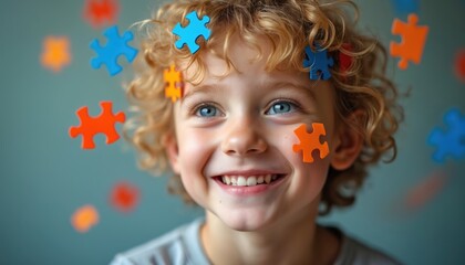 Happy young boy with curly blonde hair smiles as colorful puzzle pieces float around head. Image childhood intelligence, creativity, problem-solving skills. Evokes feelings of joy, wonder.