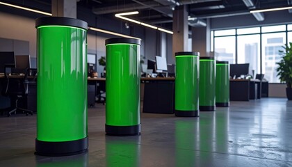 Modern office space featuring three green-lit server units with sleek dark exteriors, surrounded by desks, monitors, and potted plants