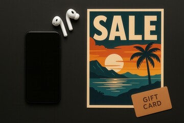 Flat lay of smartphone, wireless earphones, tropical sunset sale poster and brown gift card on dark background representing a travel-themed Black Friday promotion