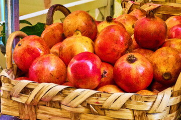 Pomegranates, Basket of Fresh Red Fruit, Punica granatum