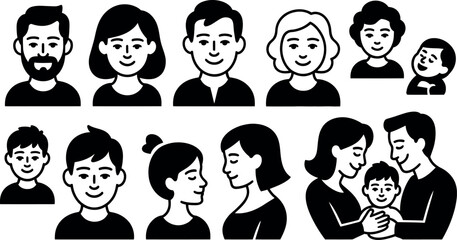Diverse Happy Family Icons: Black and White Vector Illustrations