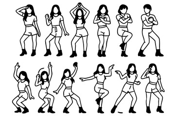Vector illustration of female K-pop dancers in twelve dynamic poses, capturing the energy and style of Korean pop music. Perfect for music, entertainment, dance, and cultural designs, posters