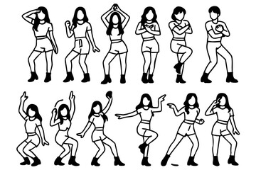 Vector illustration of female K-pop dancers in twelve dynamic poses, capturing the energy and style of Korean pop music. Perfect for music, entertainment, dance, and cultural designs, posters