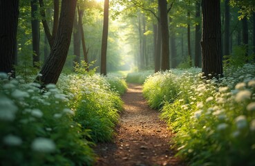 Fototapeta premium Sunlit forest path lined with blooming wildflowers. Tall trees cast shadows on dirt trail, creating serene atmosphere for peaceful walk. Green foliage, bright sunlight enhance natural beauty of