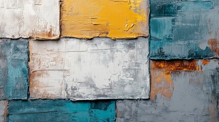 Textured layers create an engaging abstract composition featuring blue, gray, yellow, and white colors in harmony