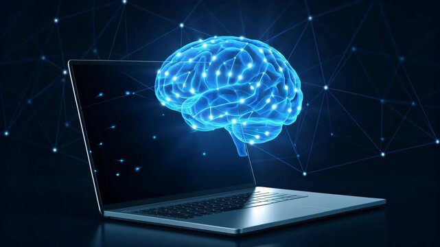 AI support financial institution customer service with brain hologram above laptop showing advanced network connection enhancing - Powered by Adobe