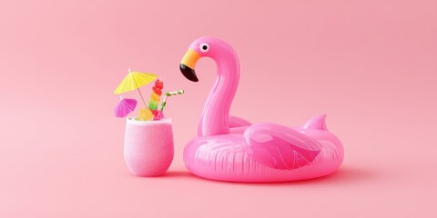 The Inflatable Pink Flamingo Pool Float With Tropical Cocktail On Pink Background