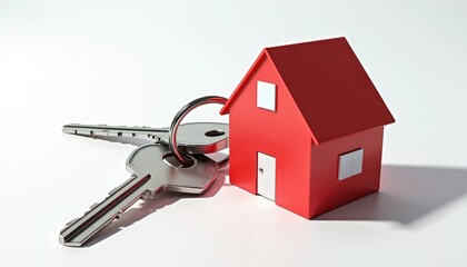 Red house model and silver keys on a keychain symbolize homeownership and real estate success. This image represents buying or selling a house, property investment, or securing a new home.