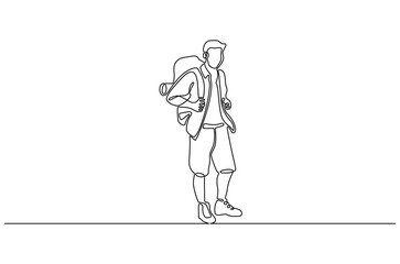 Continuous one line drawing of Young man with backpack. Single line drawing illustration of Man person with backpack. Student concept vector art. Doodle line illustration.