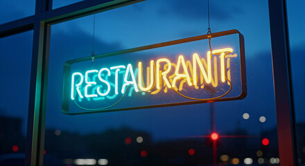 Neon Restaurant Signboard Hanging in Window at Night