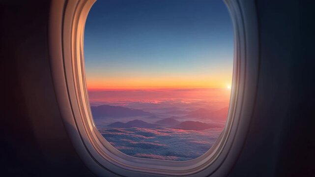 Scenic aerial view from aircraft window at vibrant sunset