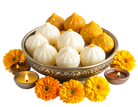  Assorted Modaks with Decorative Flowers and Diyas, Angled Side View, isolated
