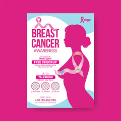 Breast Cancer Awareness Month Campaign Flyer and A4 Health Poster with Pink Ribbon, Women Silhouette Illustration, Event Celebration Brochure, Conference Talkshow, and Charity Leaflet Design