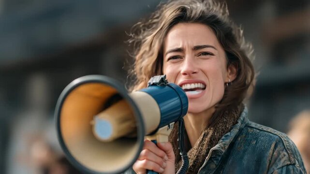 Woman passionately speaking through megaphone during an outdoor gathering or event