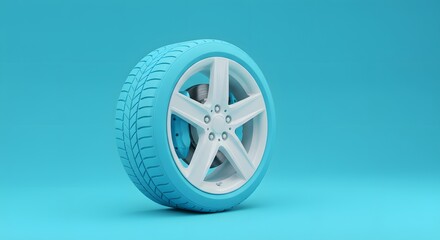 Obraz premium Stylish Light Blue Car Wheel with White Rims 3D Render