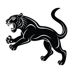 Aggressive black panther leaping forward with mouth open and claws extended