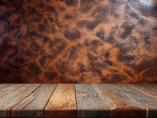 wood plank with abstract brown vintage leather background product display