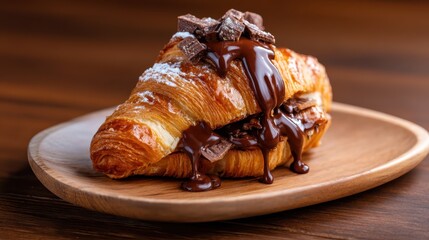 A luxurious chocolate croissant, embellished with warm melted chocolate chunks, presenting a delightful treat that's ideal for breakfast or an afternoon snack with friends.