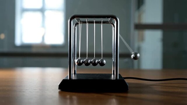 Pendule de Newton en mouvement sur une table.