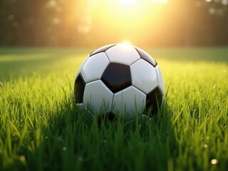Black and white football resting on green grass under sunlight