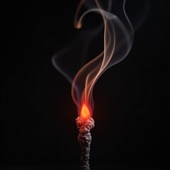 Macro detail of burning incense ash trail, deep black background with glowing red tip and smoldering smoke texture.