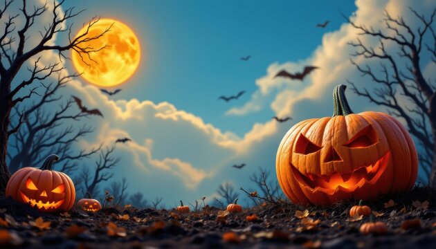 create a spooky halloween pumpkin background using technology and featuring a clear, prominent subject at the top against a vibrant sky blue backdrop, taken under high noon