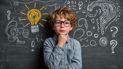 A thoughtful young boy wearing glasses is surrounded by creative chalk drawings on a board. - Powered by Adobe