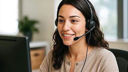 Professional woman in headset smiling while working on computer, offering customer support