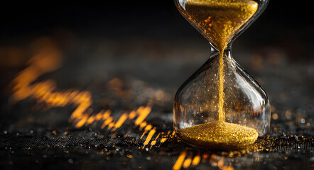 An hourglass sits before a financial graph, symbolizng time and market fluctuaions.