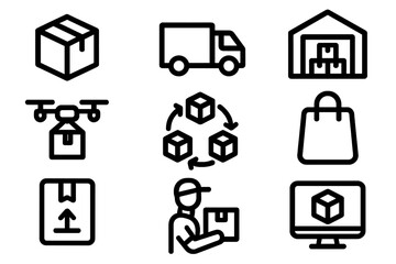 Box delivery and logistics icons representing modern shipping methods and processes in a simple design