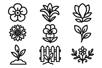 Colorful floral designs featuring various flower types and a garden fence in a flat style