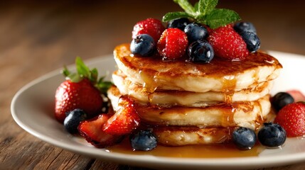 This gourmet image features a stack of fluffy pancakes topped with assorted fresh berries and a drizzle of rich maple syrup, evoking indulgence and breakfast joy.