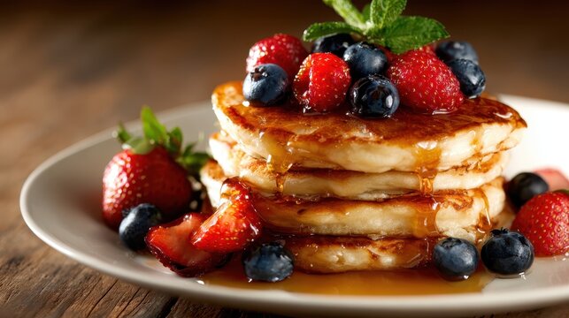 This gourmet image features a stack of fluffy pancakes topped with assorted fresh berries and a drizzle of rich maple syrup, evoking indulgence and breakfast joy.