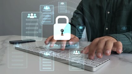 Protecting herself from cyber attacks. Documents confidentiality,cyber security protection concept. Software for security, searching and managing corporate document and employee information. - Powered by Adobe